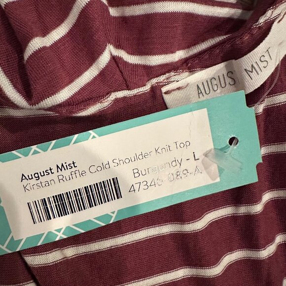 August Mist Burgundy White Striped Cold Shoulder Ruffle Knit Top L - Picture 6 of 9
